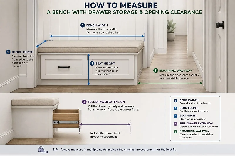 How to measure bench width, depth, seat height, drawer extension, and walkway clearance