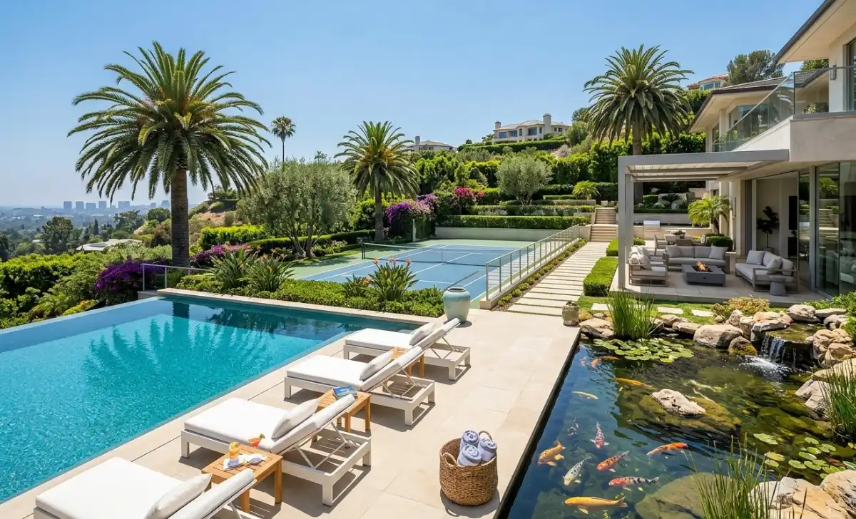 Justin Bieber House: Inside Every Home He's Owned - Luxury Real Estate | HomeImprovementGeek Justin Bieber house backyard with infinity pool and tennis court