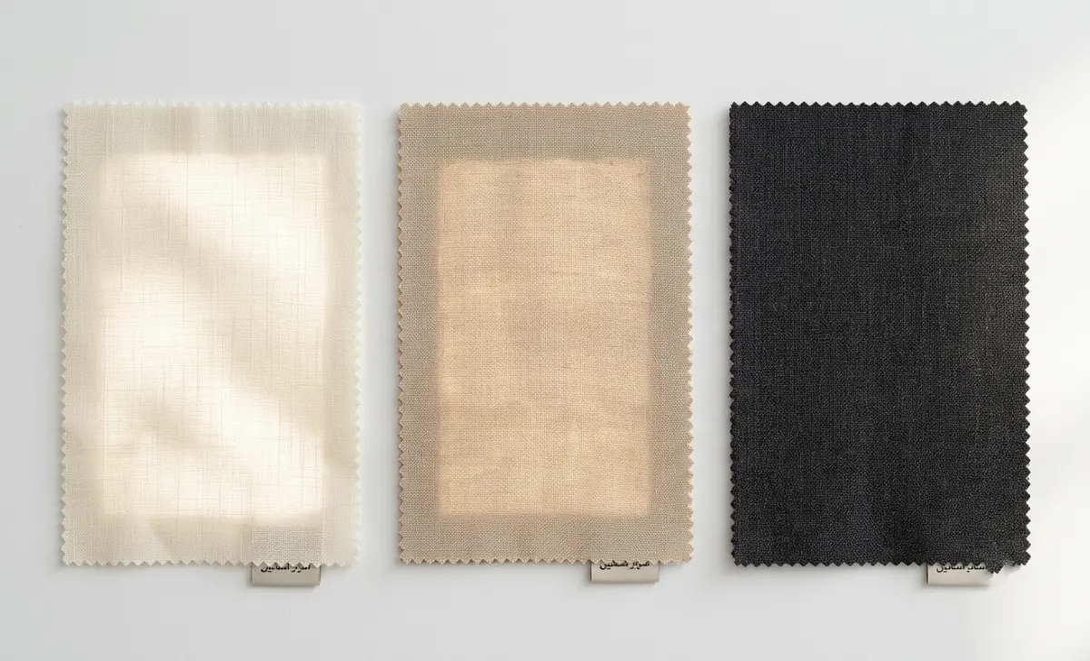 Top Down Roman Shades: The Complete Buyer's Guide for 2025 - Home Decor | HomeImprovementGeek Three roman shade fabric swatches comparing sheer, light filtering, and blackout opacity levels