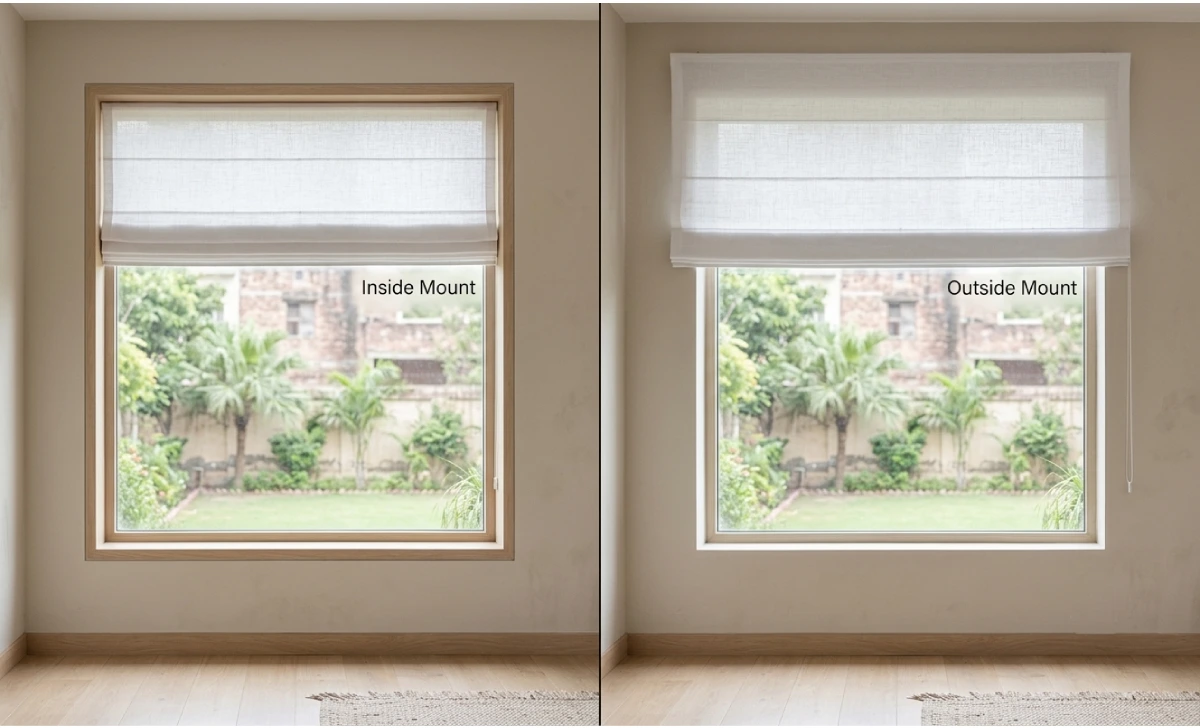 Top Down Roman Shades: The Complete Buyer's Guide for 2025 - Home Decor | HomeImprovementGeek Side by side comparison of roman shade inside mount and outside mount installation on two identical windows