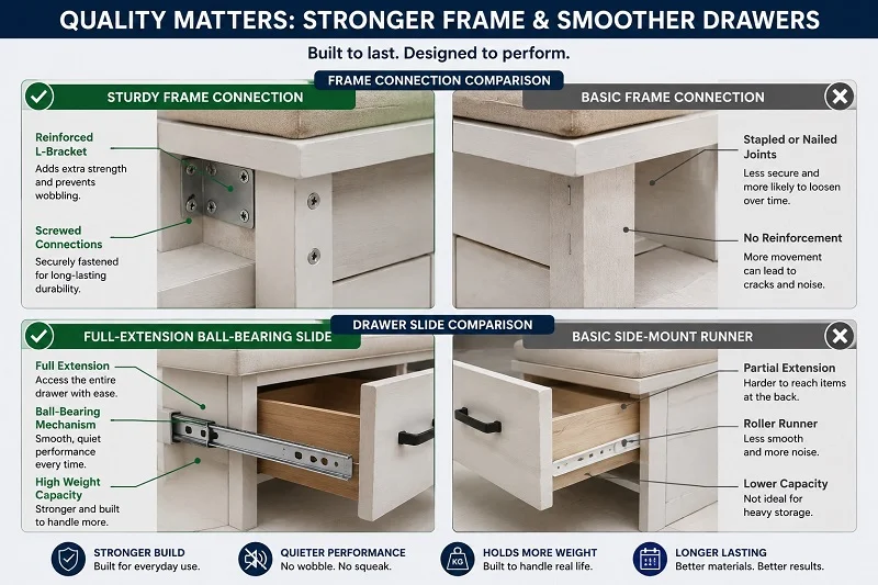 Storage bench sturdy frame connection and full-extension ball-bearing drawer slide comparison