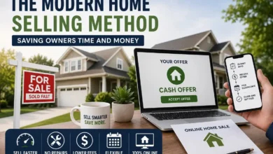 The Modern Home Selling Method Saving Owners Time and Money - Home Improvement | HomeImprovementGeek Modern home selling process with online cash offer, digital real estate platform, and house for sale sign showing a faster and more affordable way to sell a home.