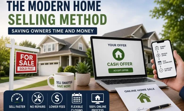 The Modern Home Selling Method Saving Owners Time and Money - Featured | HomeImprovementGeek Modern home selling process with online cash offer, digital real estate platform, and house for sale sign showing a faster and more affordable way to sell a home.