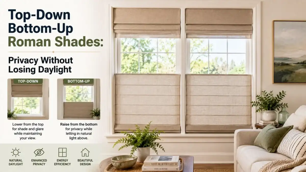 Top-Down Bottom-Up Roman Shades: Privacy Without Losing Daylight - Home Decor | HomeImprovementGeek Top-down bottom-up Roman shades providing privacy and natural light