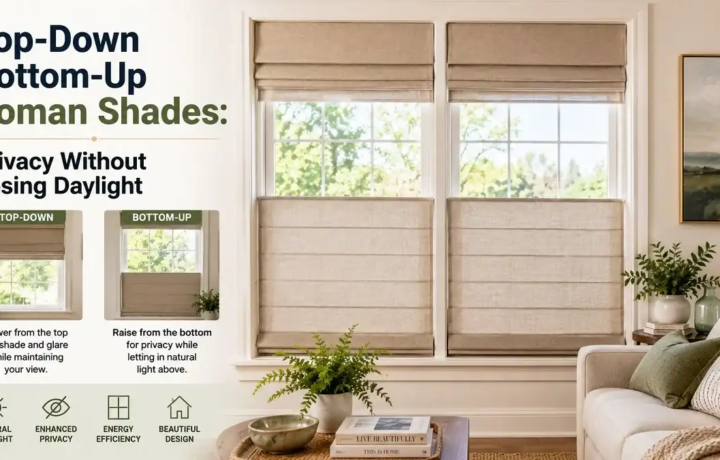 Top-down bottom-up Roman shades providing privacy and natural light