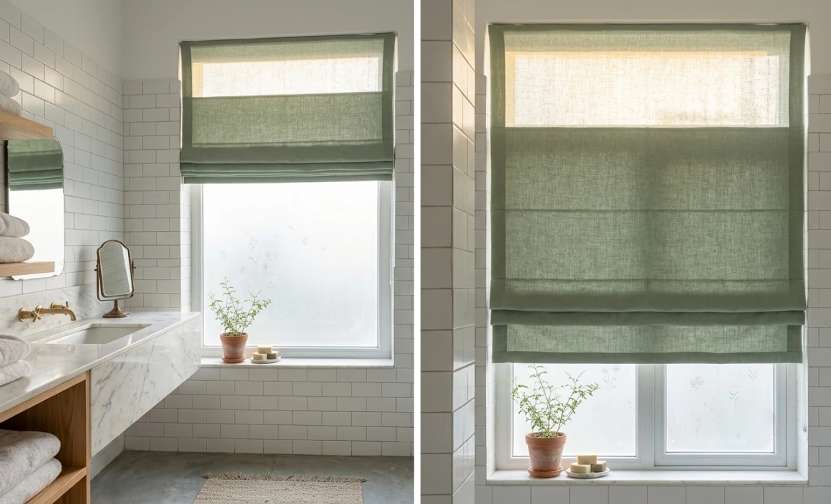 Top Down Roman Shades: The Complete Buyer's Guide for 2025 - Home Decor | HomeImprovementGeek Top down roman shade in a bathroom with bottom section closed for privacy and top section open for light