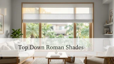 Top Down Roman Shades: The Complete Buyer's Guide for 2025 - Luxury Real Estate | HomeImprovementGeek Top down roman shade in a bright living room with white linen fabric partially lowered from above
