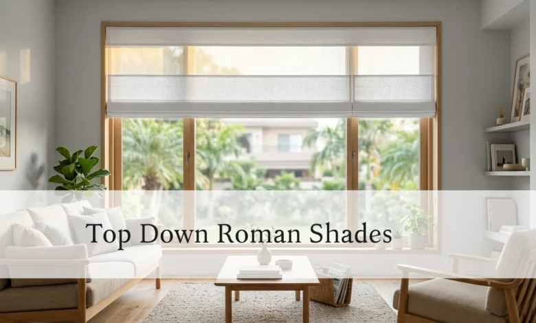 Top Down Roman Shades: The Complete Buyer's Guide for 2025 - Home Decor | HomeImprovementGeek Top down roman shade in a bright living room with white linen fabric partially lowered from above