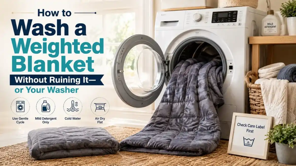 Weighted blanket being prepared for a safe wash in a front-loading machine