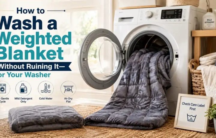 Weighted blanket being prepared for a safe wash in a front-loading machine