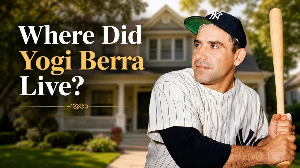 Yogi Berra in front of a blurred house background with the text Where Did Yogi Berra Live