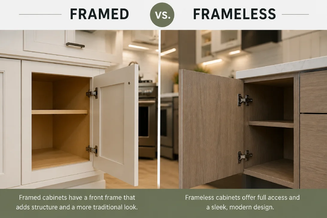 Framed vs frameless kitchen cabinets showing their structural design differences