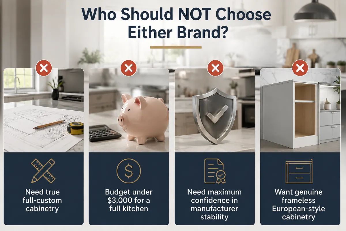 Who should not choose Cubitac or Fabuwood based on customization, budget, manufacturer stability, and frameless cabinet needs
