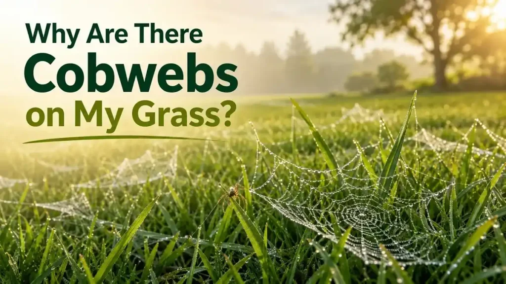 Cobwebs on grass covered with morning dew on a green lawn