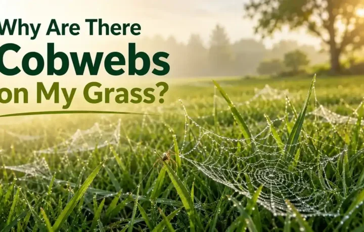 Cobwebs on grass covered with morning dew on a green lawn