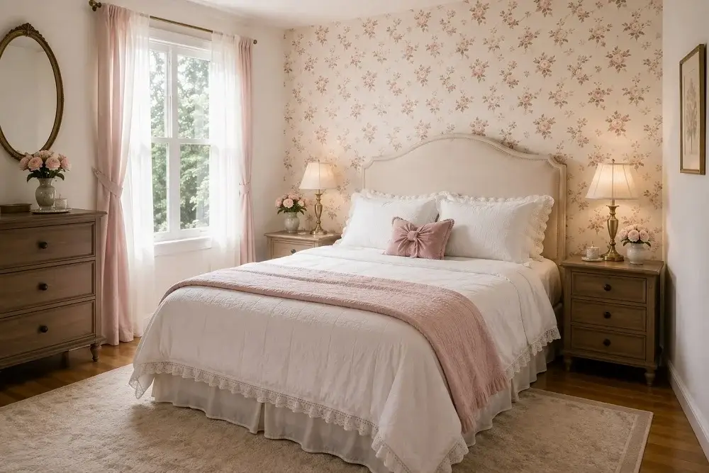 Coquette bedroom with a soft floral feature wall