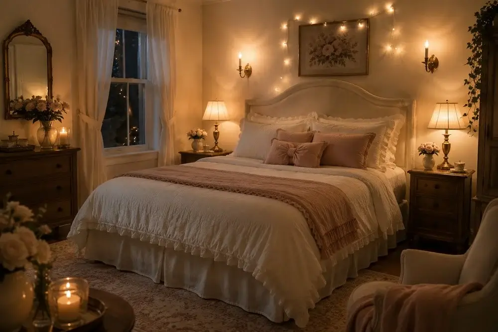 Warm layered lighting in a coquette bedroom