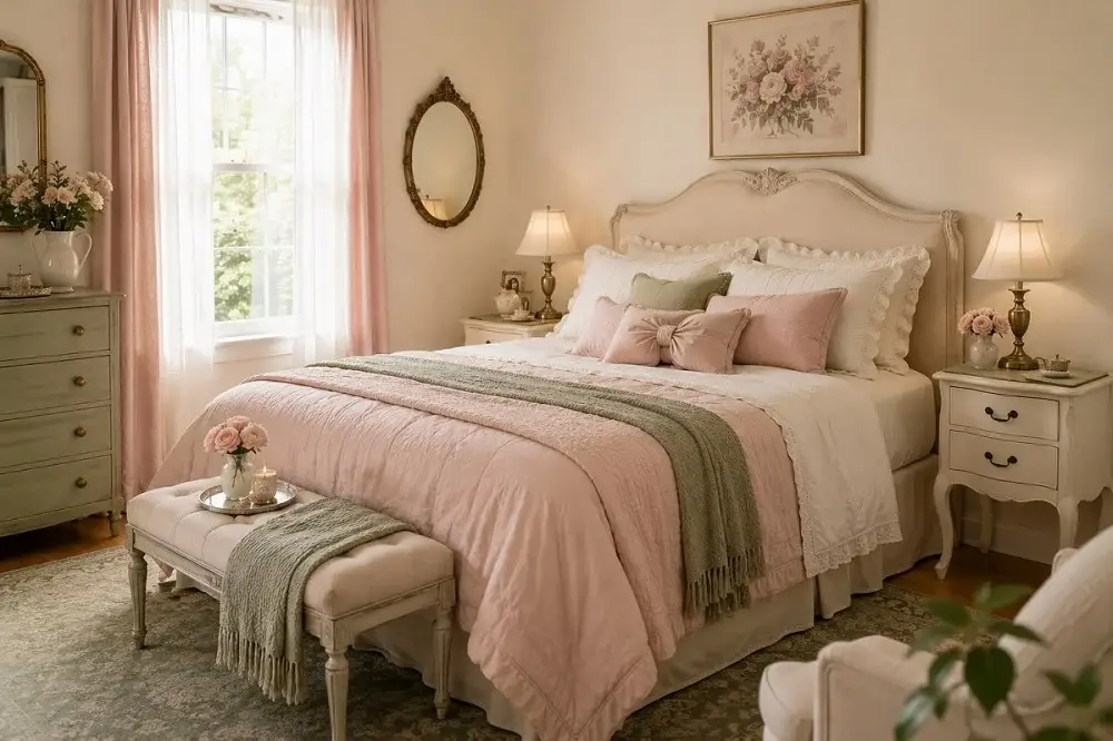 Coquette bedroom using an ivory blush and sage color palette