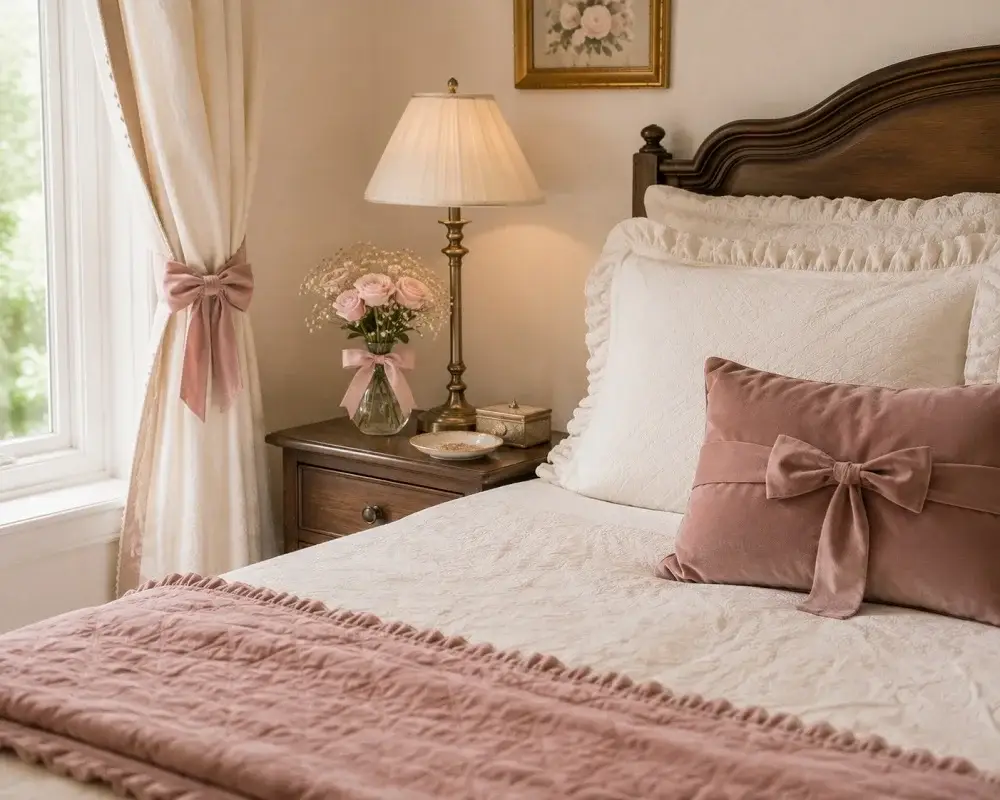 Tasteful bow accents used in coquette bedroom decor