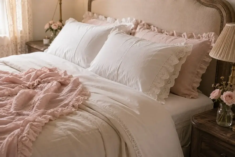 Lace and ruffle bedding details in a coquette bedroom