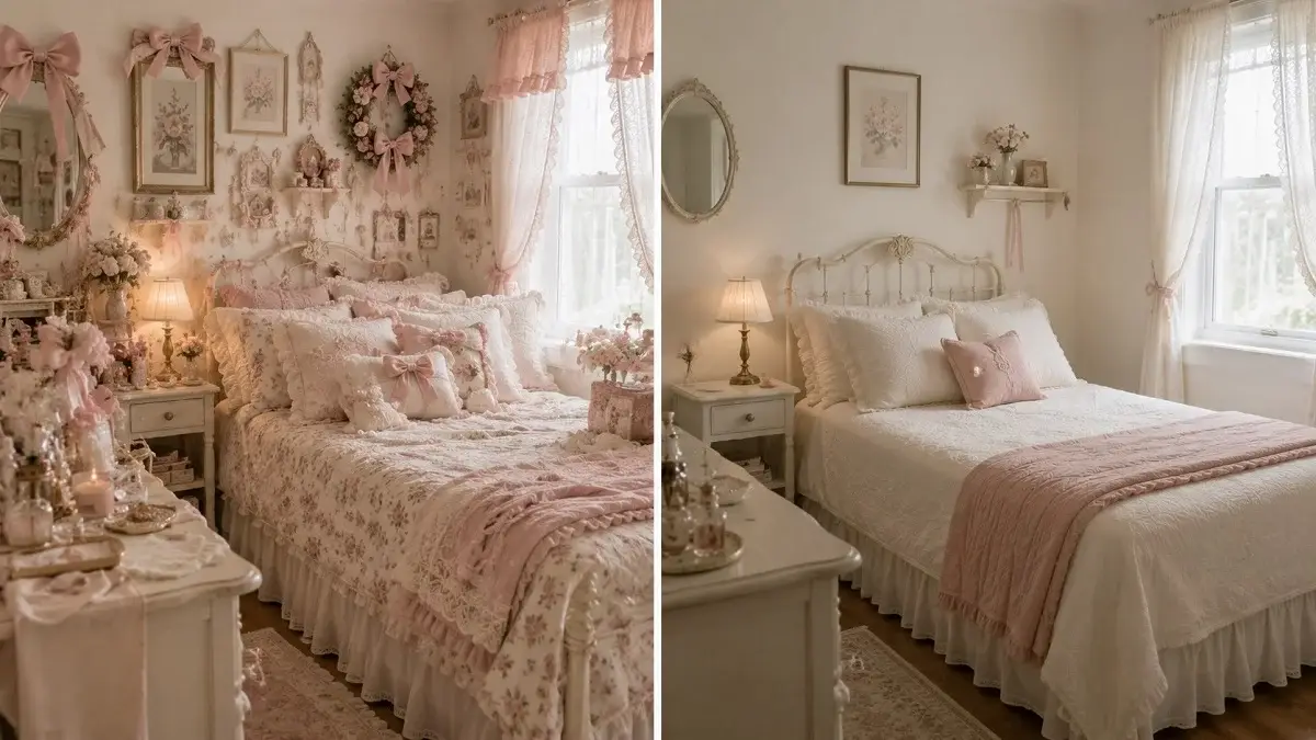 Cluttered and balanced coquette room decor shown side by side