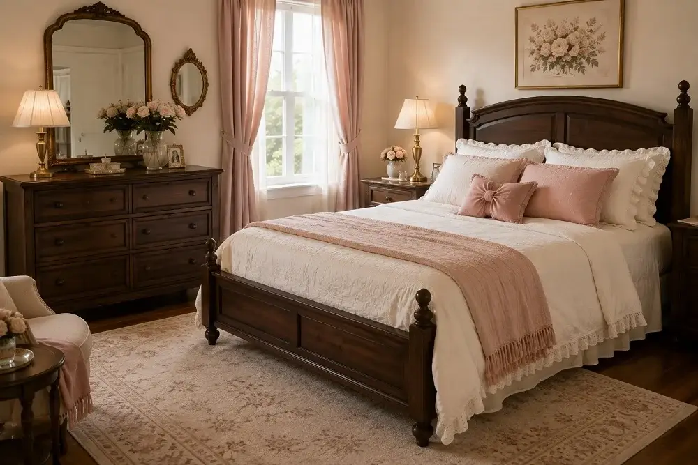 Coquette bedroom styled with dark wood furniture