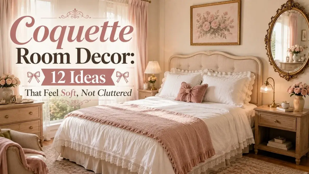 Soft uncluttered coquette bedroom with blush and ivory decor