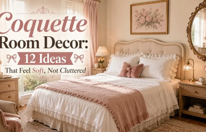 Soft uncluttered coquette bedroom with blush and ivory decor