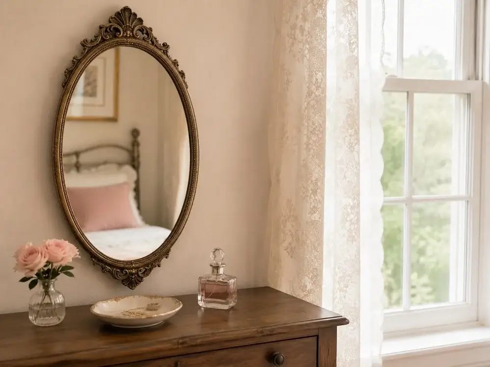 Ornate mirror and vintage accents in a coquette room