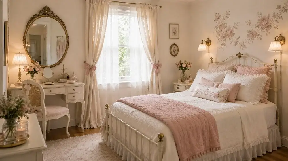 Finished soft and uncluttered coquette bedroom makeover