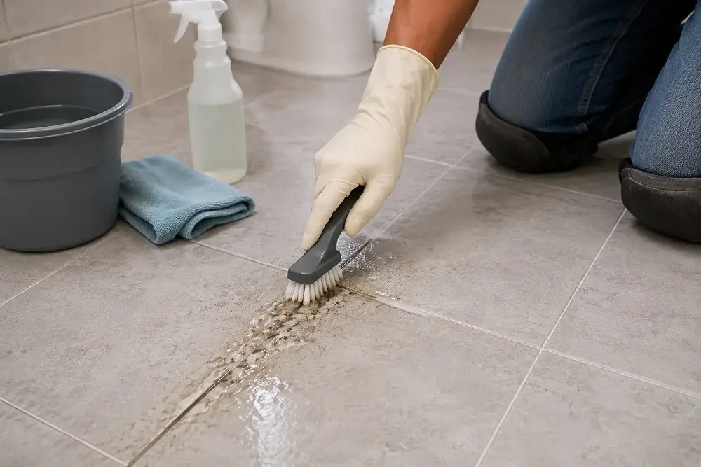 Cleaner dwelling on grout before controlled nylon brush scrubbing