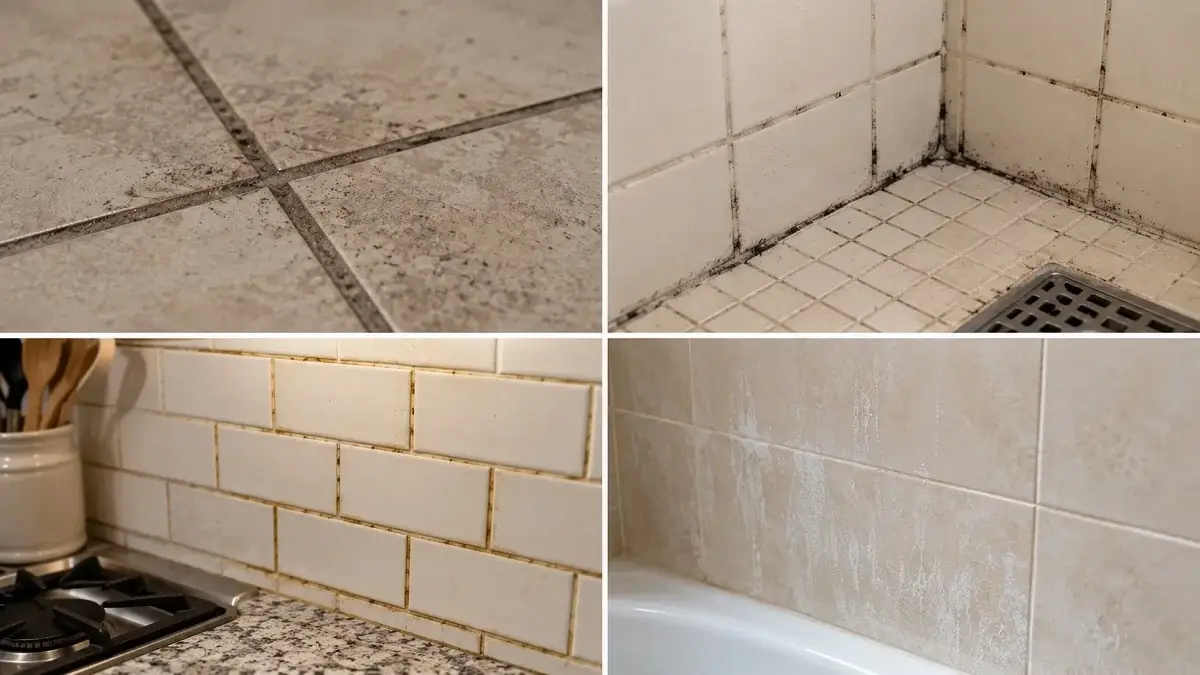Different grout stains caused by dirt mold grease and mineral buildup