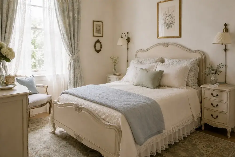Neutral coquette bedroom decorated without pink