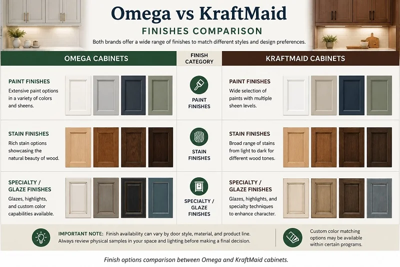 Omega vs KraftMaid cabinet finishes comparison showing paint, stain and specialty finish options