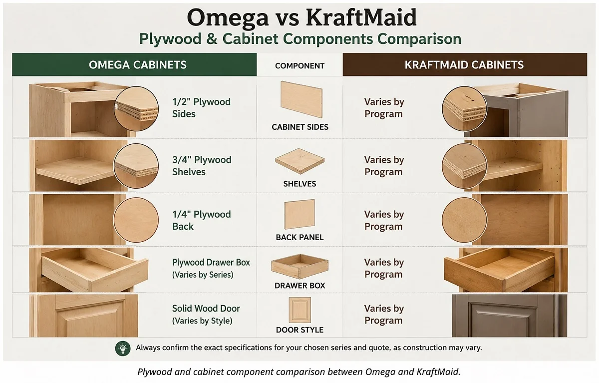 Omega vs KraftMaid plywood and cabinet components comparison