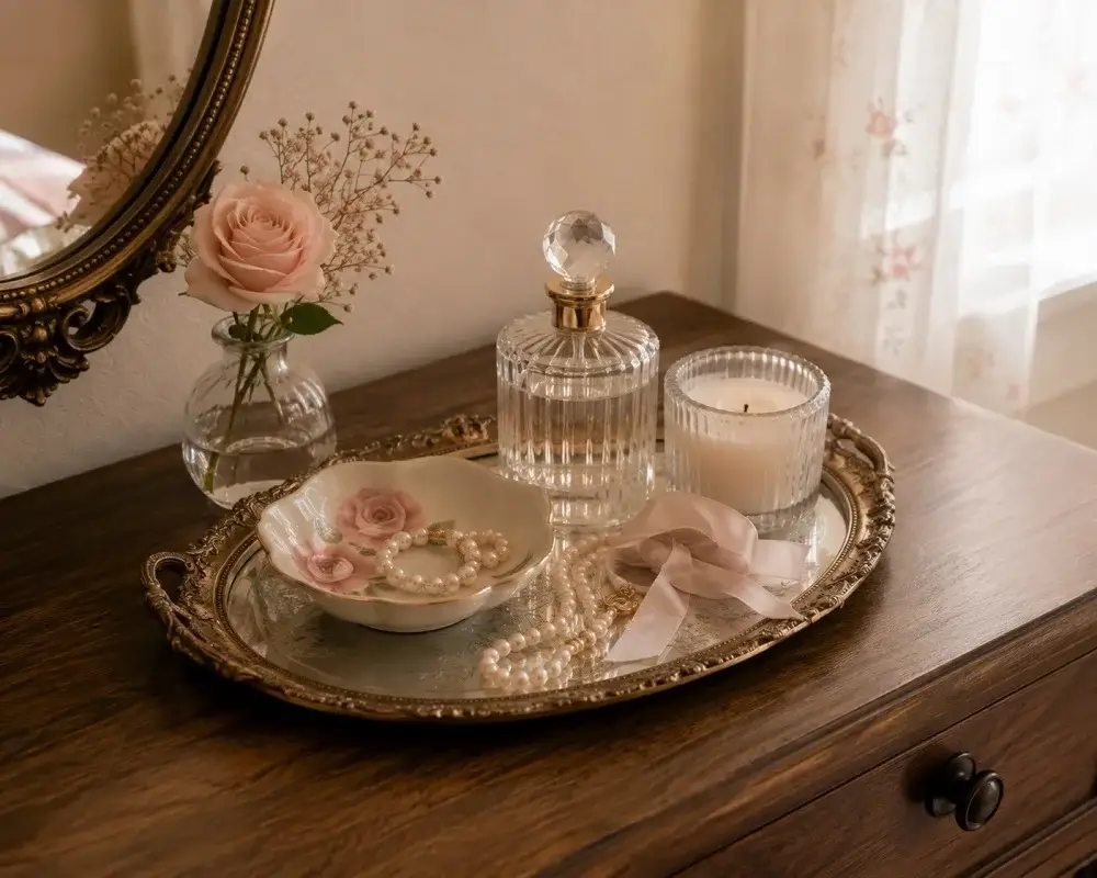 Organized coquette accessories displayed on a vanity tray
