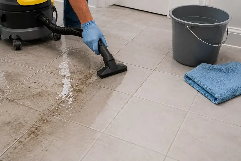 Wet vacuum removing dirty rinse water from freshly cleaned grout