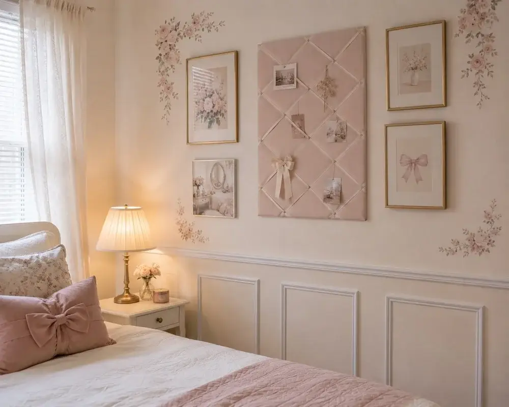 Renter-friendly coquette wall decor with removable details