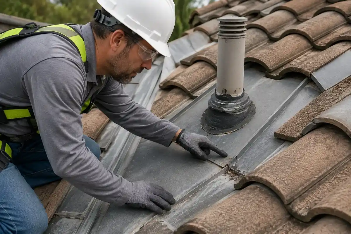 Roof inspection of flashing, vent pipes, and valleys on a Miami home