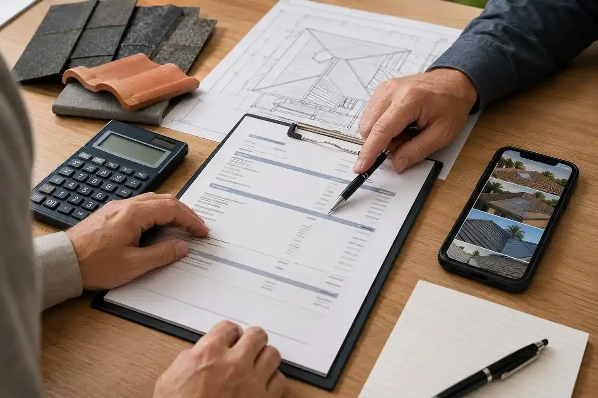 Homeowner reviewing an itemized Miami roofing estimate and inspection checklist