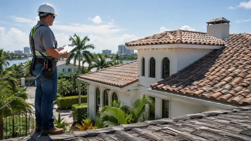 Roofing professional inspecting a residential roof in Miami