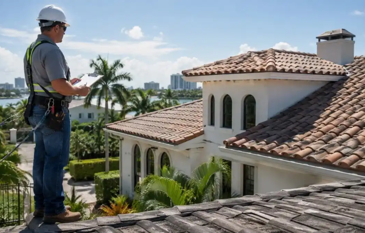 Roofing professional inspecting a residential roof in Miami