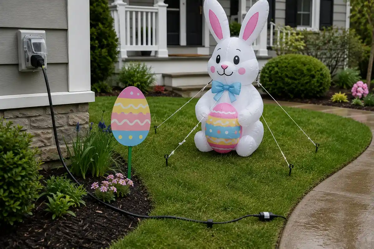 Safely anchored outdoor Easter inflatable with a protected electrical connection