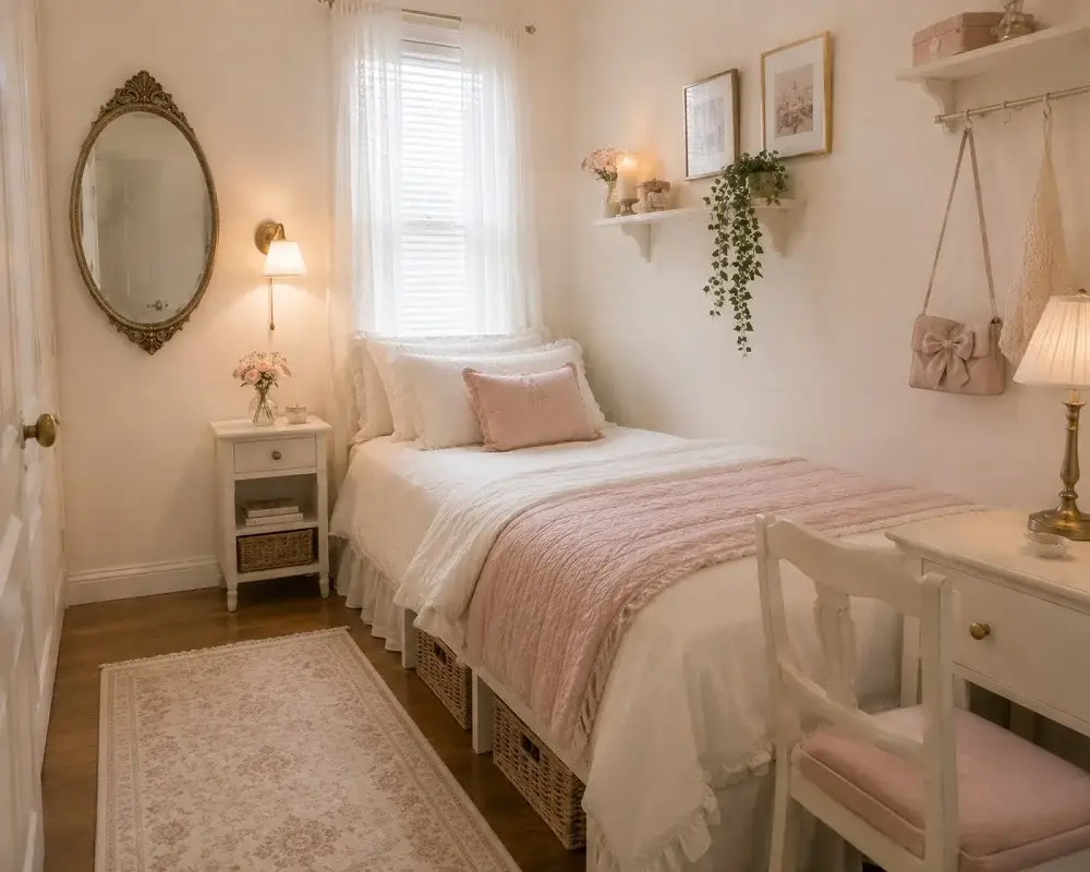 Space-saving layout for a small coquette bedroom