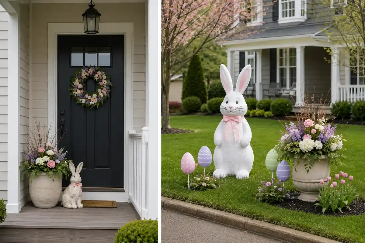 Small porch and large yard outdoor Easter decor layouts