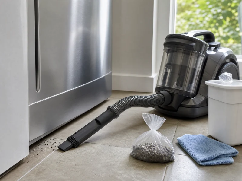 HEPA vacuum cleaning cockroach debris near a refrigerator with sealed waste bag