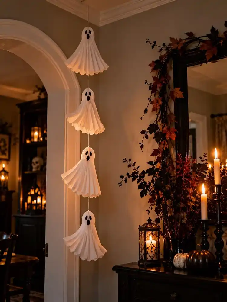 White accordion-fold paper ghosts hanging vertically beside an arched doorway in a warmly lit Halloween entryway.