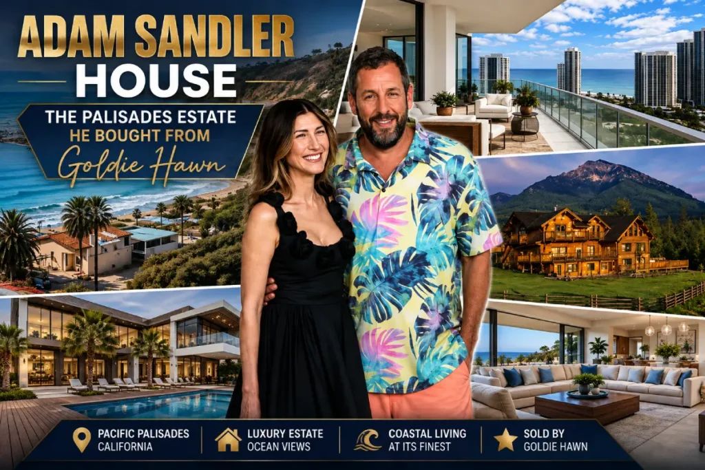 Adam Sandler and his wife with views of the Palisades estate, pool, ocean, and luxury interiors
