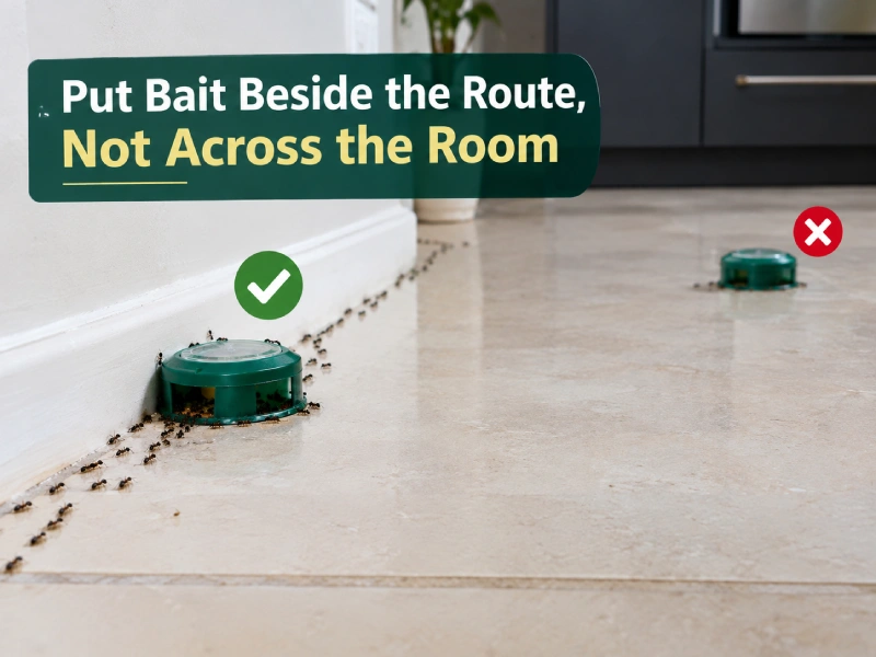 Ant Bait Attracting More Ants? What Is Normal - Pest Control | HomeImprovementGeek Ant bait placed beside an ant trail along a kitchen wall, showing proper bait placement near the route ants already follow