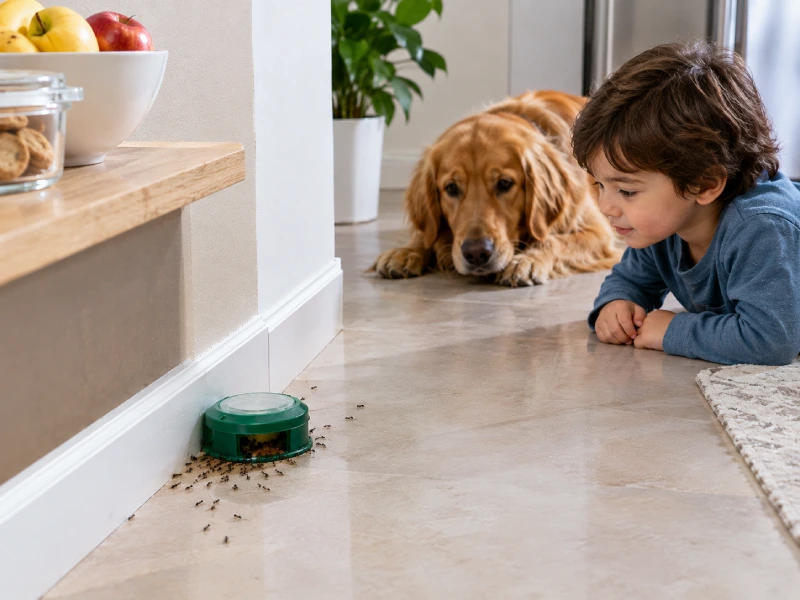 Ant Bait Attracting More Ants? What Is Normal - Pest Control | HomeImprovementGeek Ant bait placed along a kitchen baseboard away from a child, dog, and nearby food to reduce accidental contact